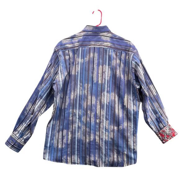 Luchiano Visconti Black Blue Stripe Red Floral Button Down Dress Shirt Men L - Picture 2 of 7